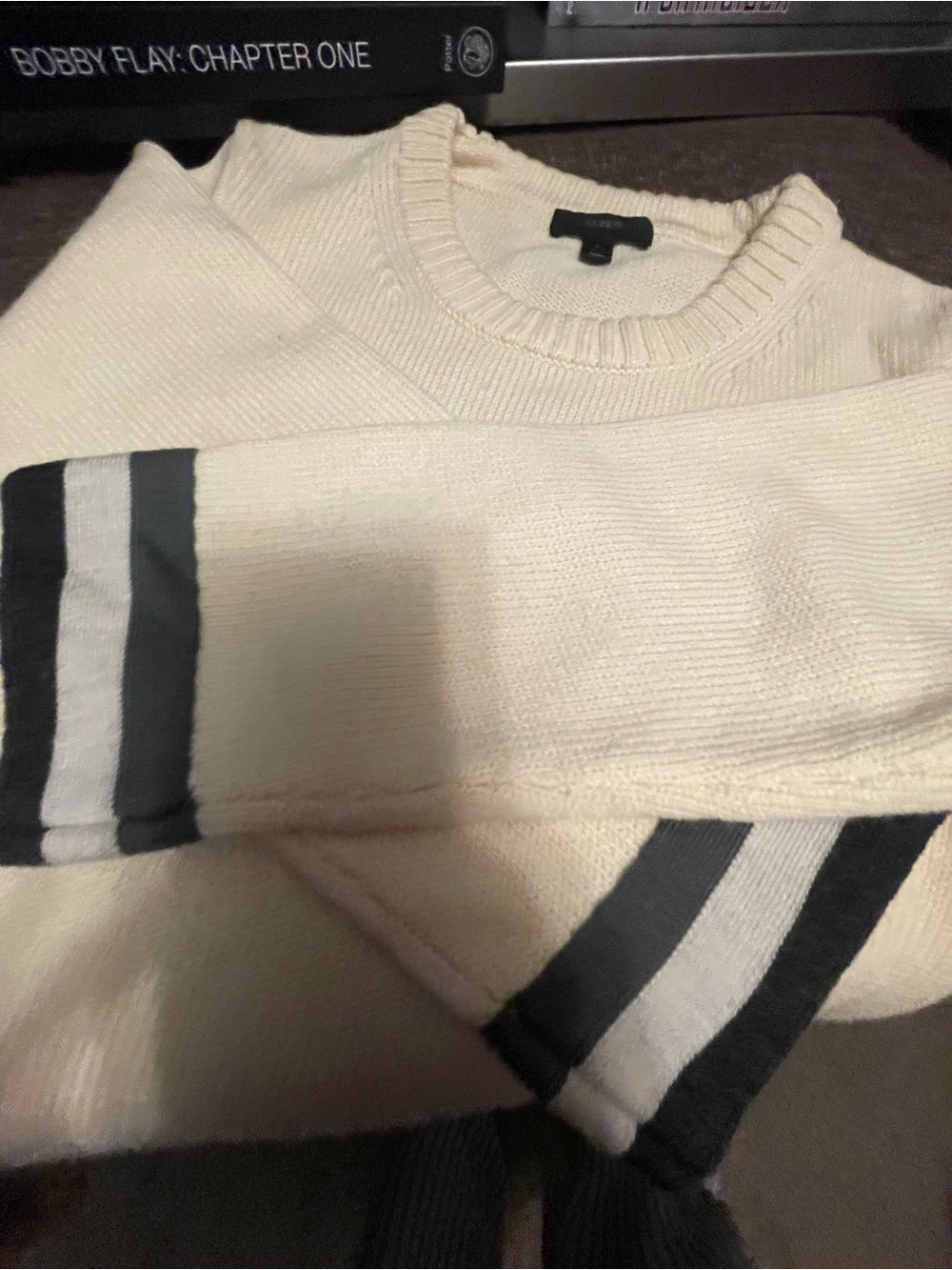 Vintage J. Crew Cream Crewneck Wool Sweater with Gray Stripe Trim